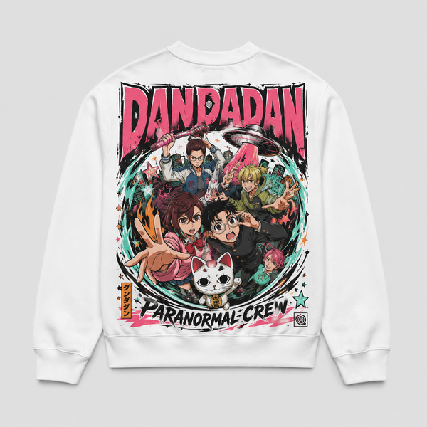 White sweatshirt with Dandadan Paranormal Crew graphic – photo 1