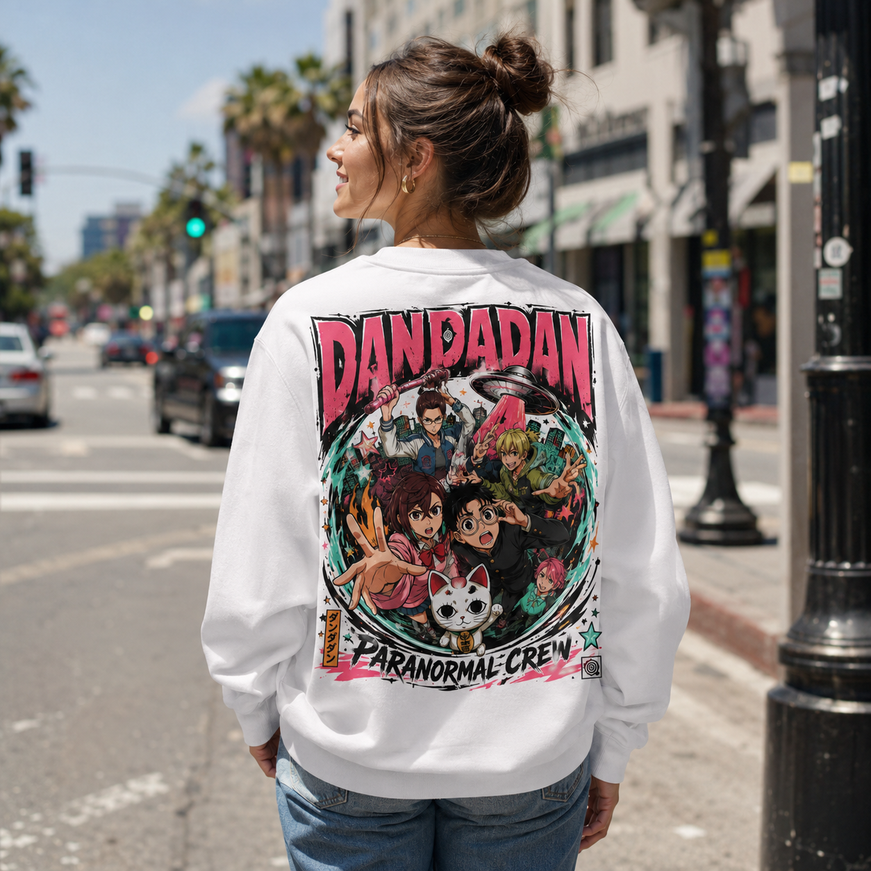 White sweatshirt with Dandadan Paranormal Crew graphic – photo 3