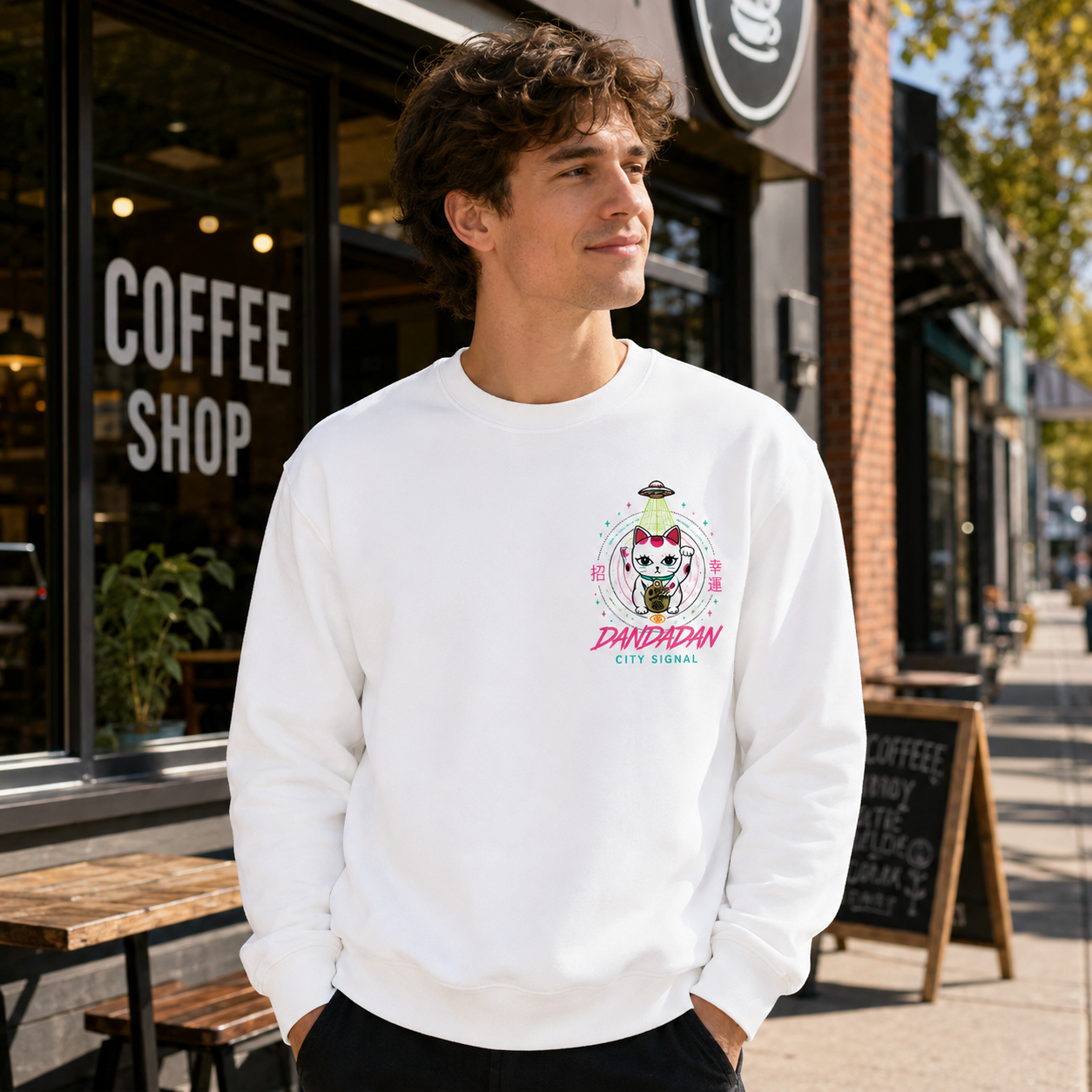 White sweatshirt with Dandadan Paranormal Crew graphic – photo 4