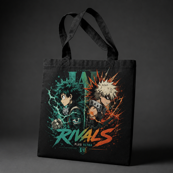 Black tote bag with Deku & Bakugo My Hero Academia Rivals graphic – photo 2