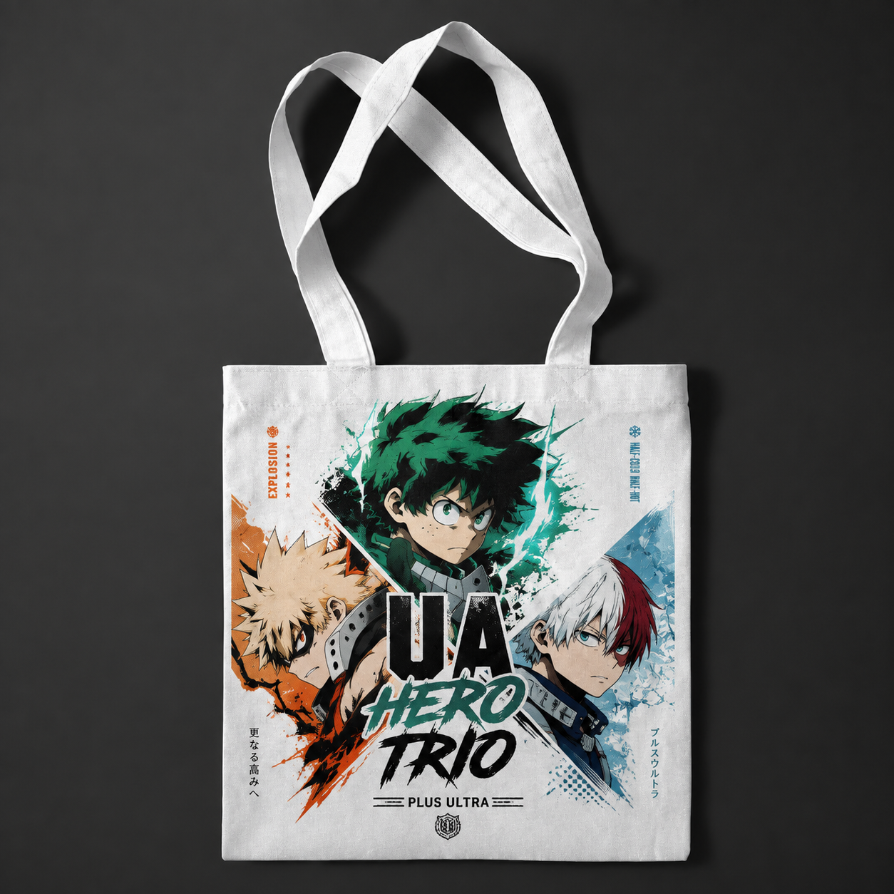White tote bag with Deku & Bakugo My Hero Academia UA Hero Trio graphic – photo 1
