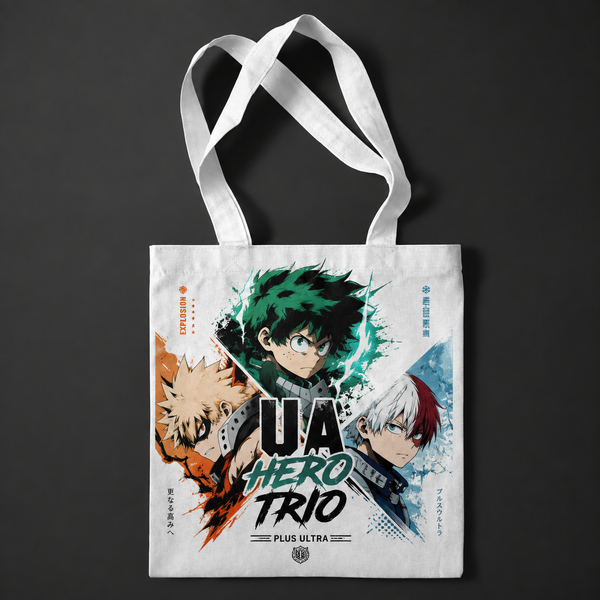 White tote bag with Deku & Bakugo My Hero Academia UA Hero Trio graphic – photo 1