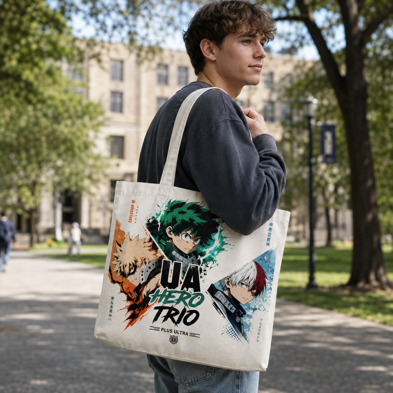 White tote bag with Deku & Bakugo My Hero Academia UA Hero Trio graphic – photo 3