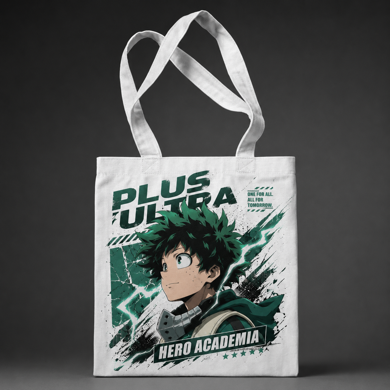 White tote bag with Deku My Hero Academia All For Tomorrow graphic – photo 1