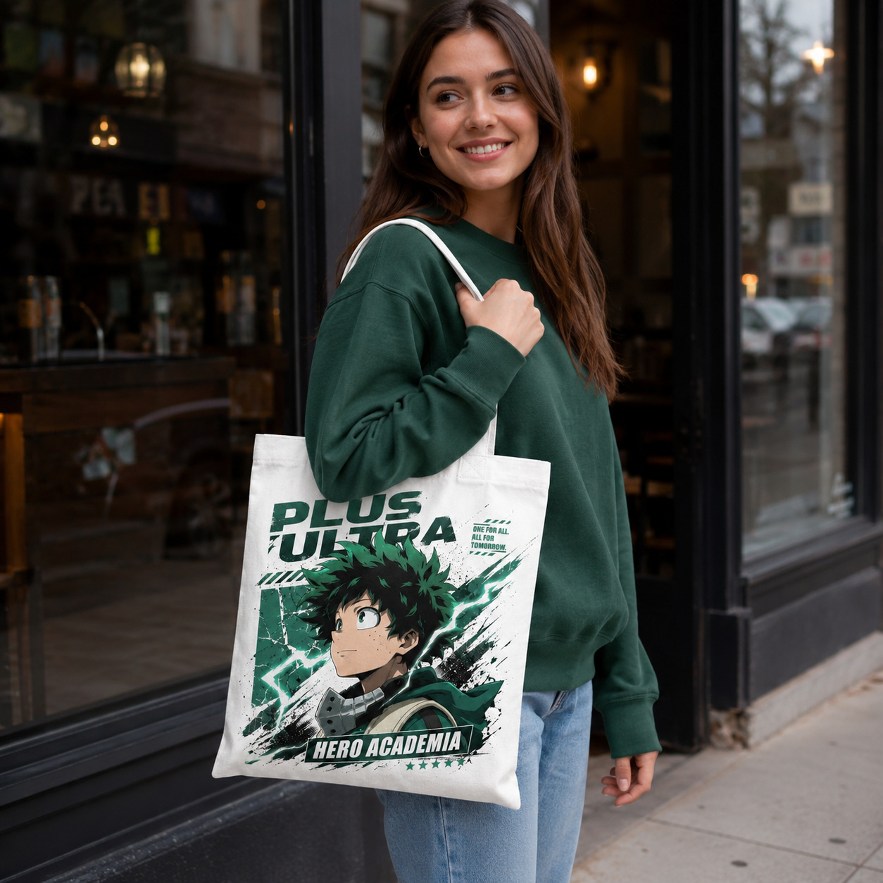 White tote bag with Deku My Hero Academia All For Tomorrow graphic – photo 4