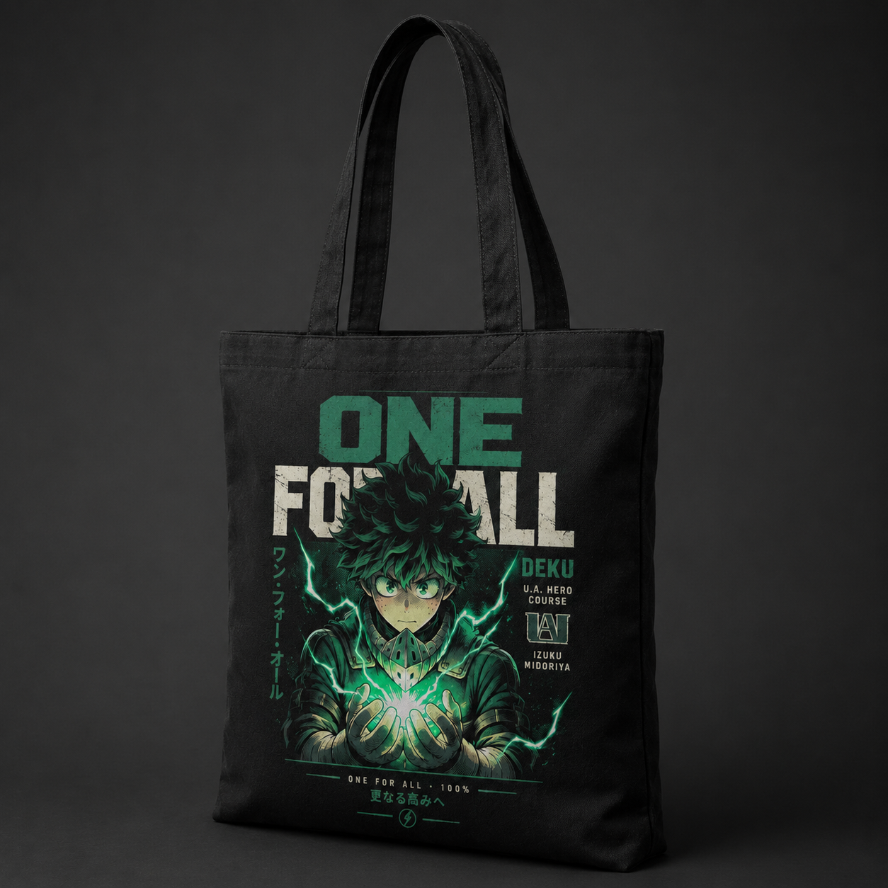 Black tote bag with Deku My Hero Academia One For All graphic – photo 2