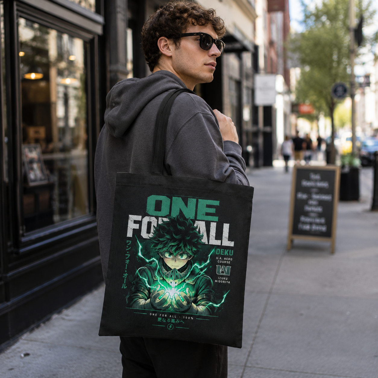 Black tote bag with Deku My Hero Academia One For All graphic – photo 4