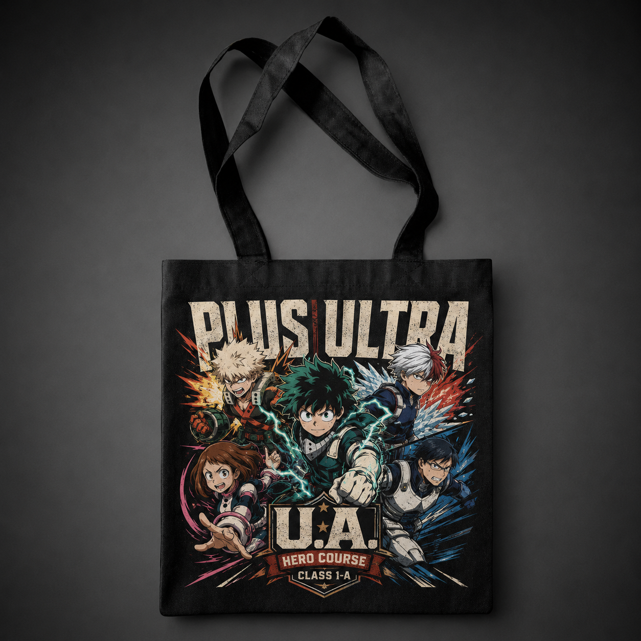 Black tote bag with Deku & Todoroki My Hero Academia Plus Ultra Squad graphic – photo 1