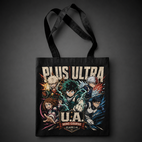 Black tote bag with Deku & Todoroki My Hero Academia Plus Ultra Squad graphic – photo 1