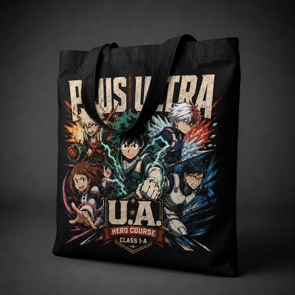 Black tote bag with Deku & Todoroki My Hero Academia Plus Ultra Squad graphic – photo 2