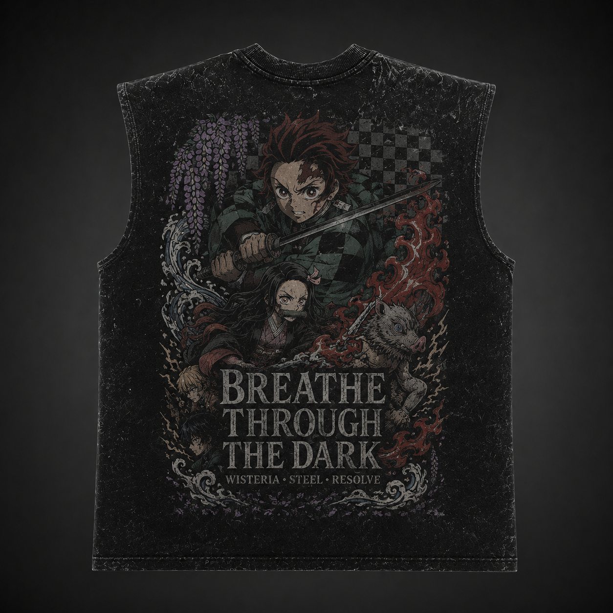 Washed black tank top with Demon Slayer Breathe Through The Dark graphic – photo 1