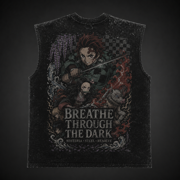 Washed black tank top with Demon Slayer Breathe Through The Dark graphic – photo 1