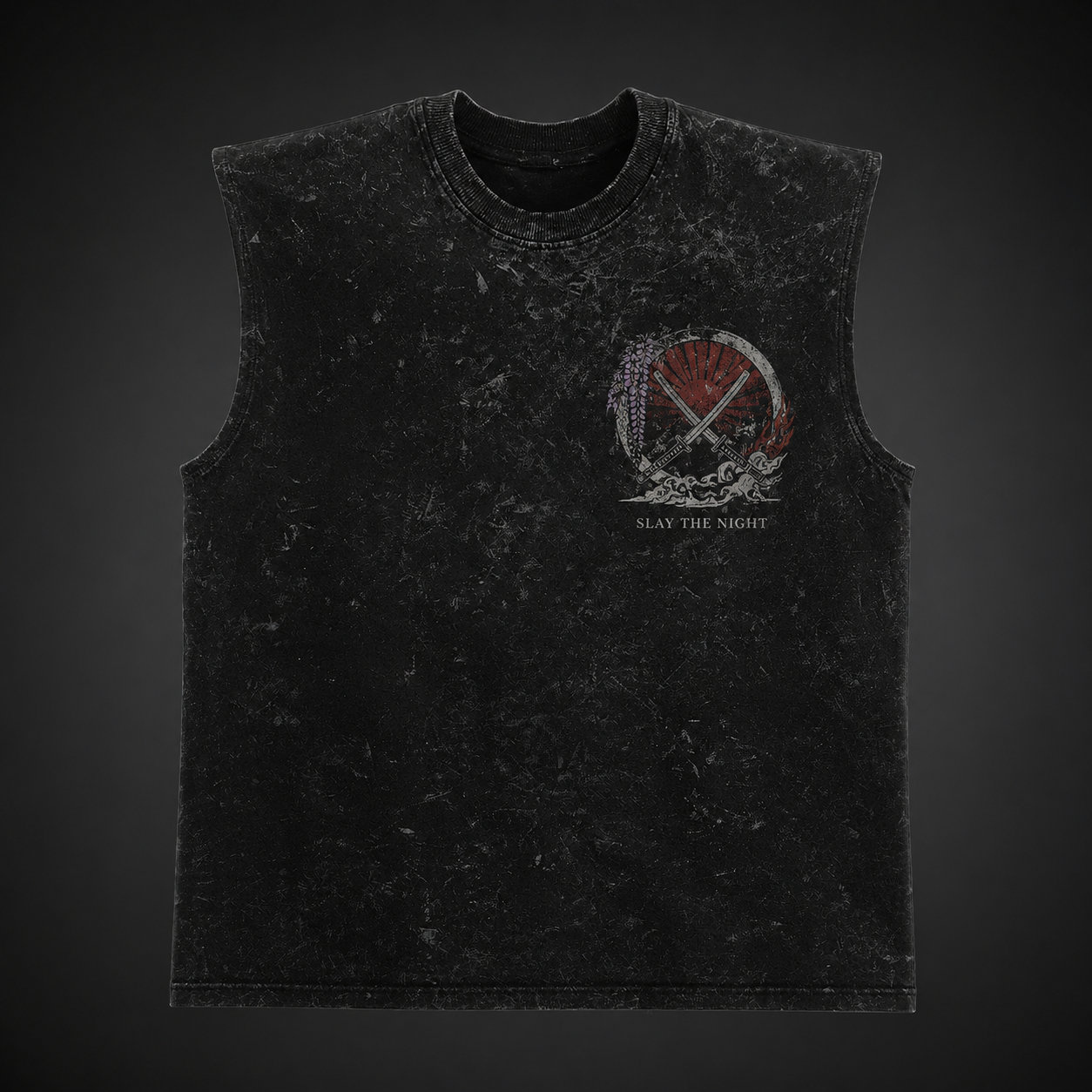 Washed black tank top with Demon Slayer Breathe Through The Dark graphic – photo 2