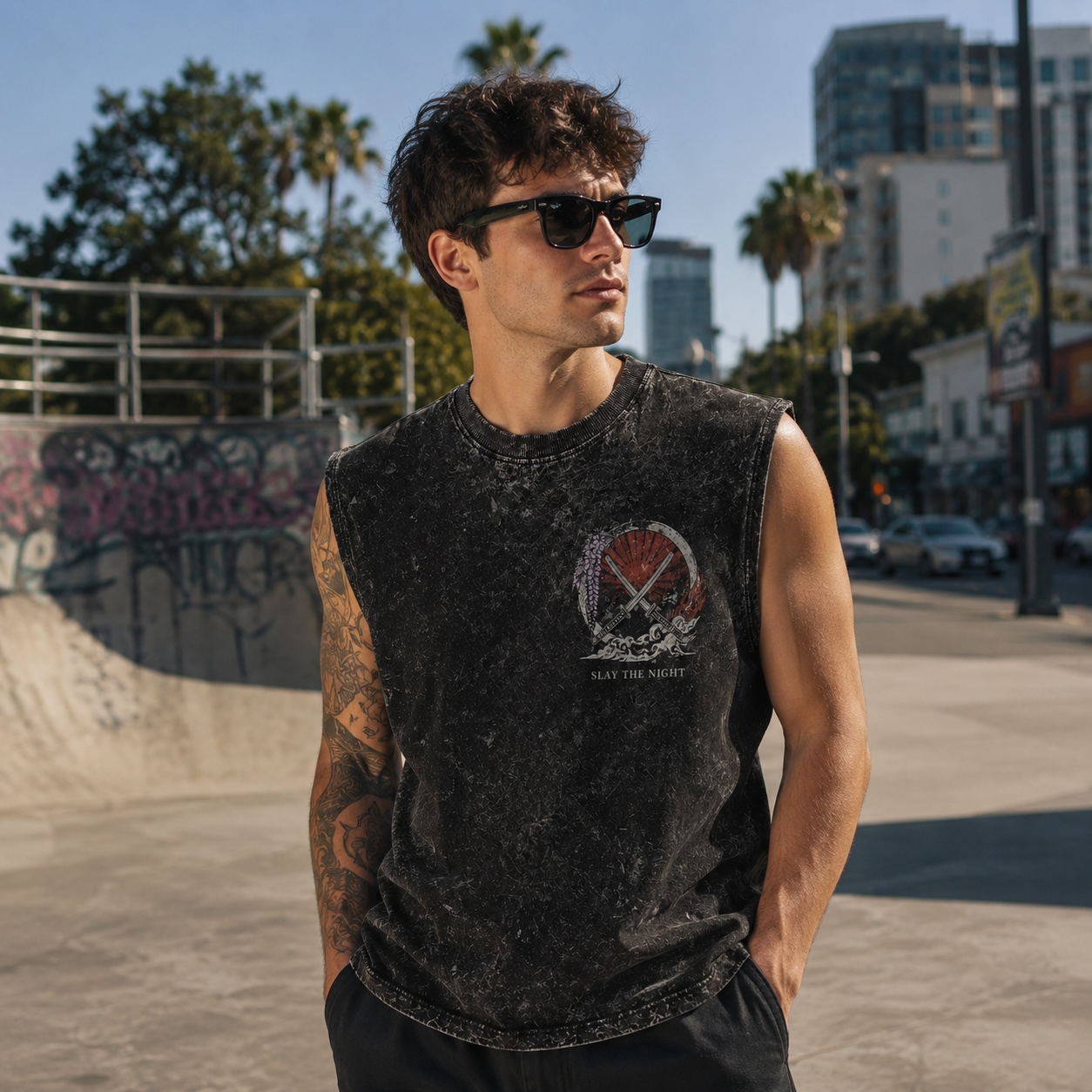 Washed black tank top with Demon Slayer Breathe Through The Dark graphic – photo 3