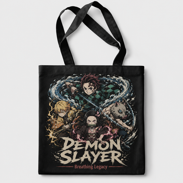 Black tote bag with Demon Slayer Breathing Legacy graphic – photo 1