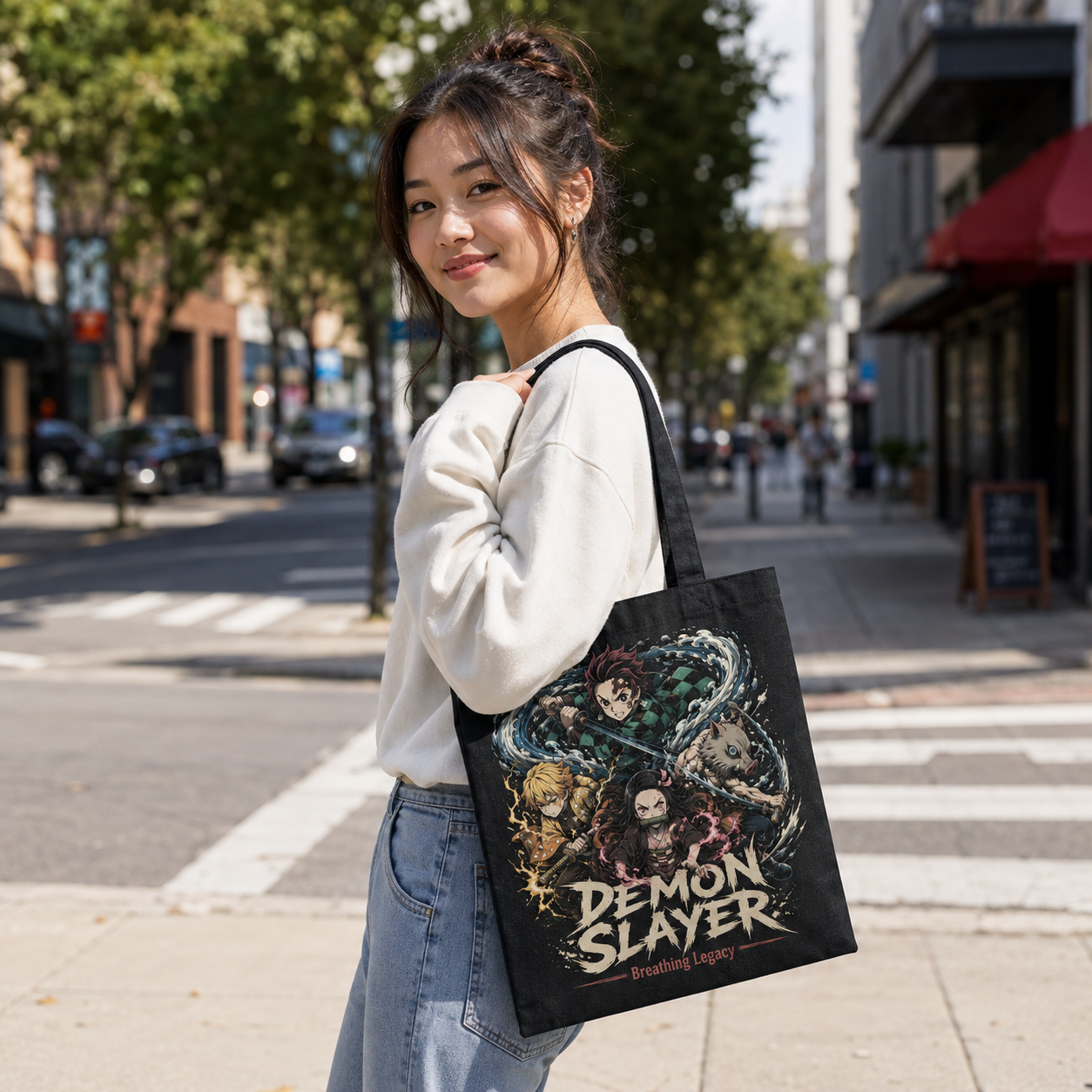 Black tote bag with Demon Slayer Breathing Legacy graphic – photo 2