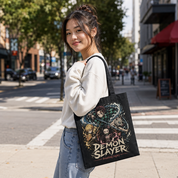 Black tote bag with Demon Slayer Breathing Legacy graphic – photo 2