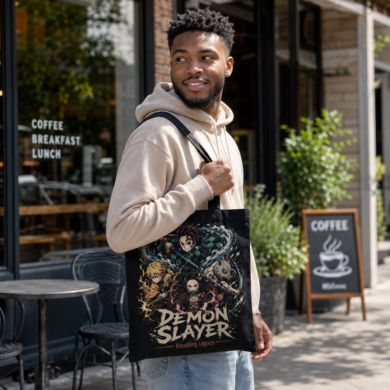 Black tote bag with Demon Slayer Breathing Legacy graphic – photo 3
