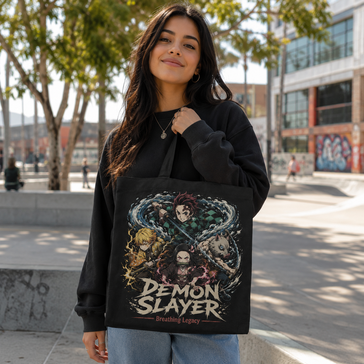 Black tote bag with Demon Slayer Breathing Legacy graphic – photo 4