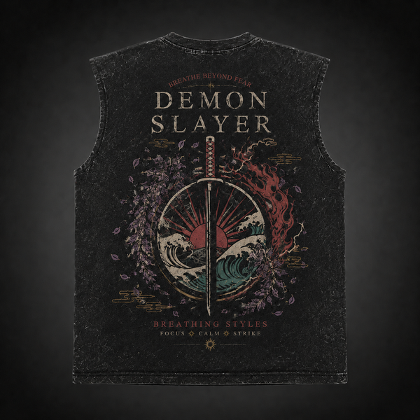 Washed black tank top with Demon Slayer Breathing Styles Crest graphic – photo 1