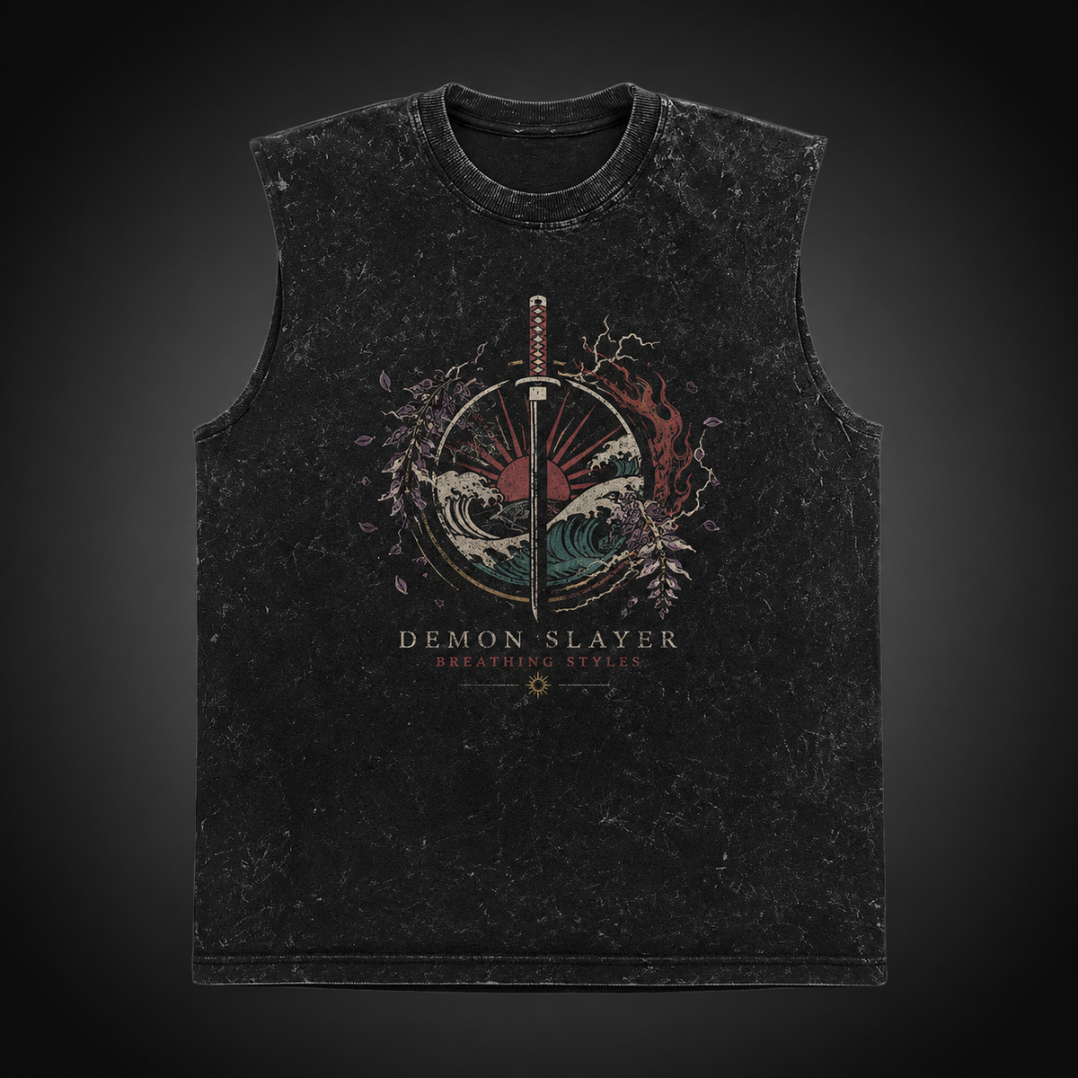Washed black tank top with Demon Slayer Breathing Styles Crest graphic – photo 2