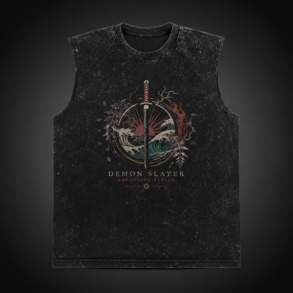 Washed black tank top with Demon Slayer Breathing Styles Crest graphic – photo 2