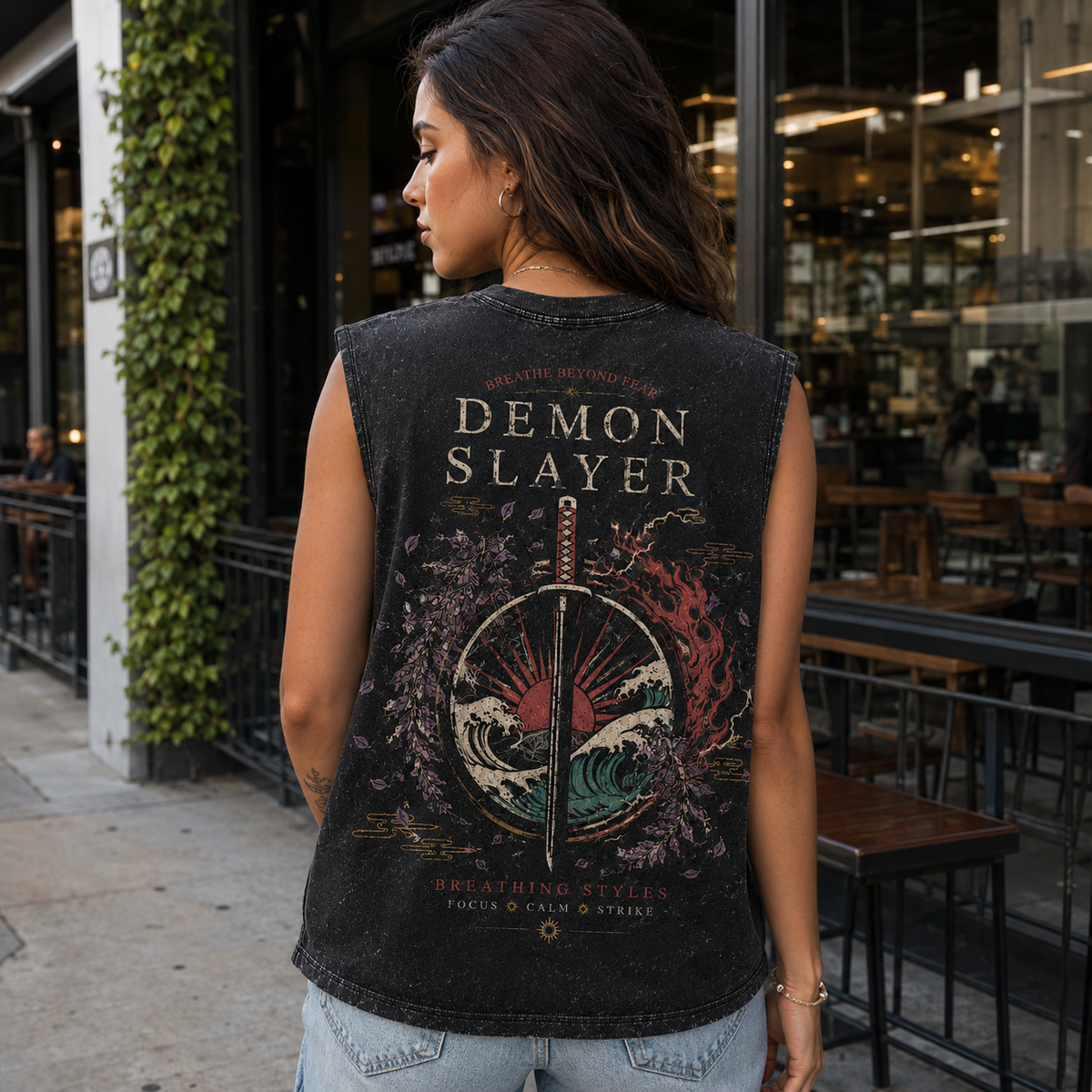 Washed black tank top with Demon Slayer Breathing Styles Crest graphic – photo 3