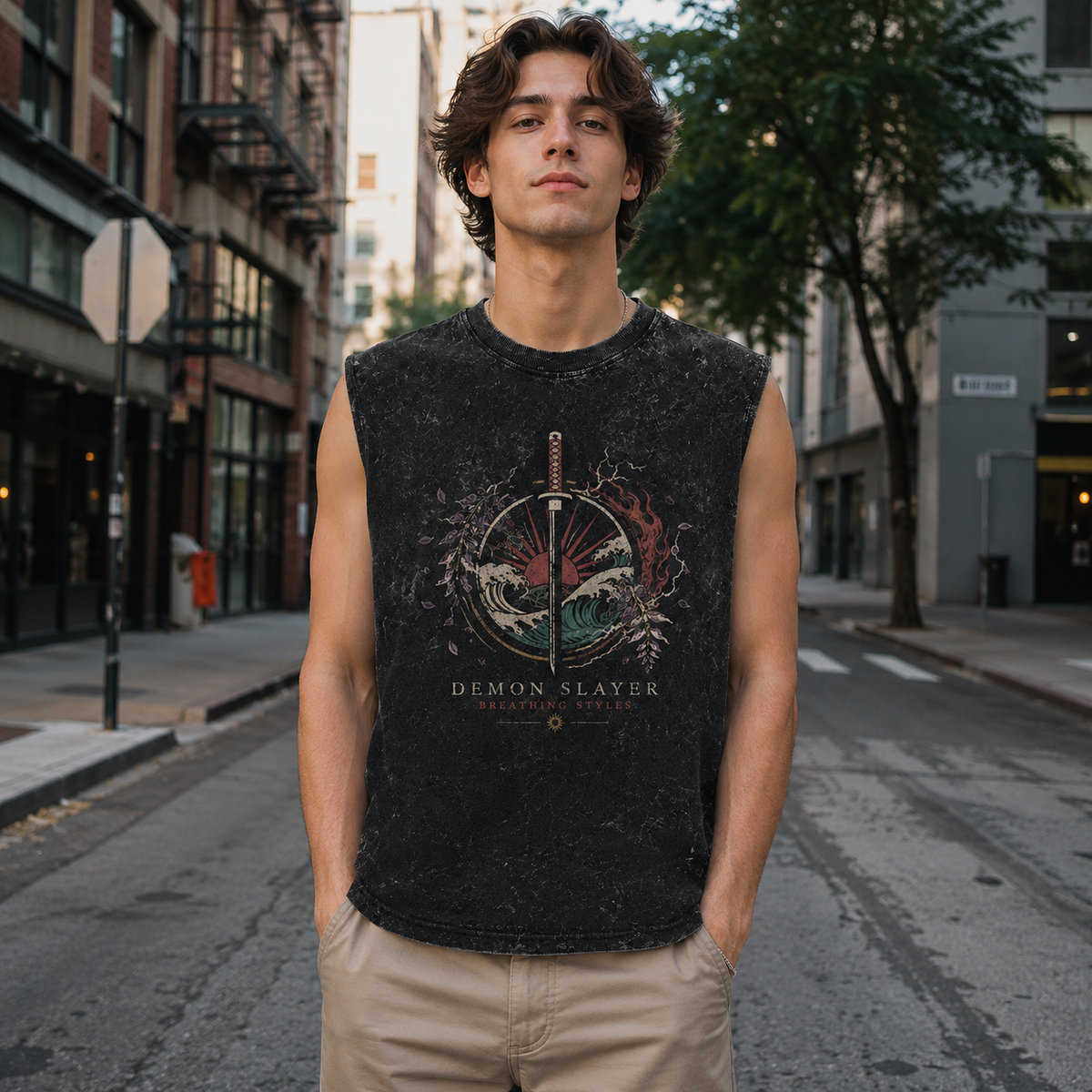 Washed black tank top with Demon Slayer Breathing Styles Crest graphic – photo 4