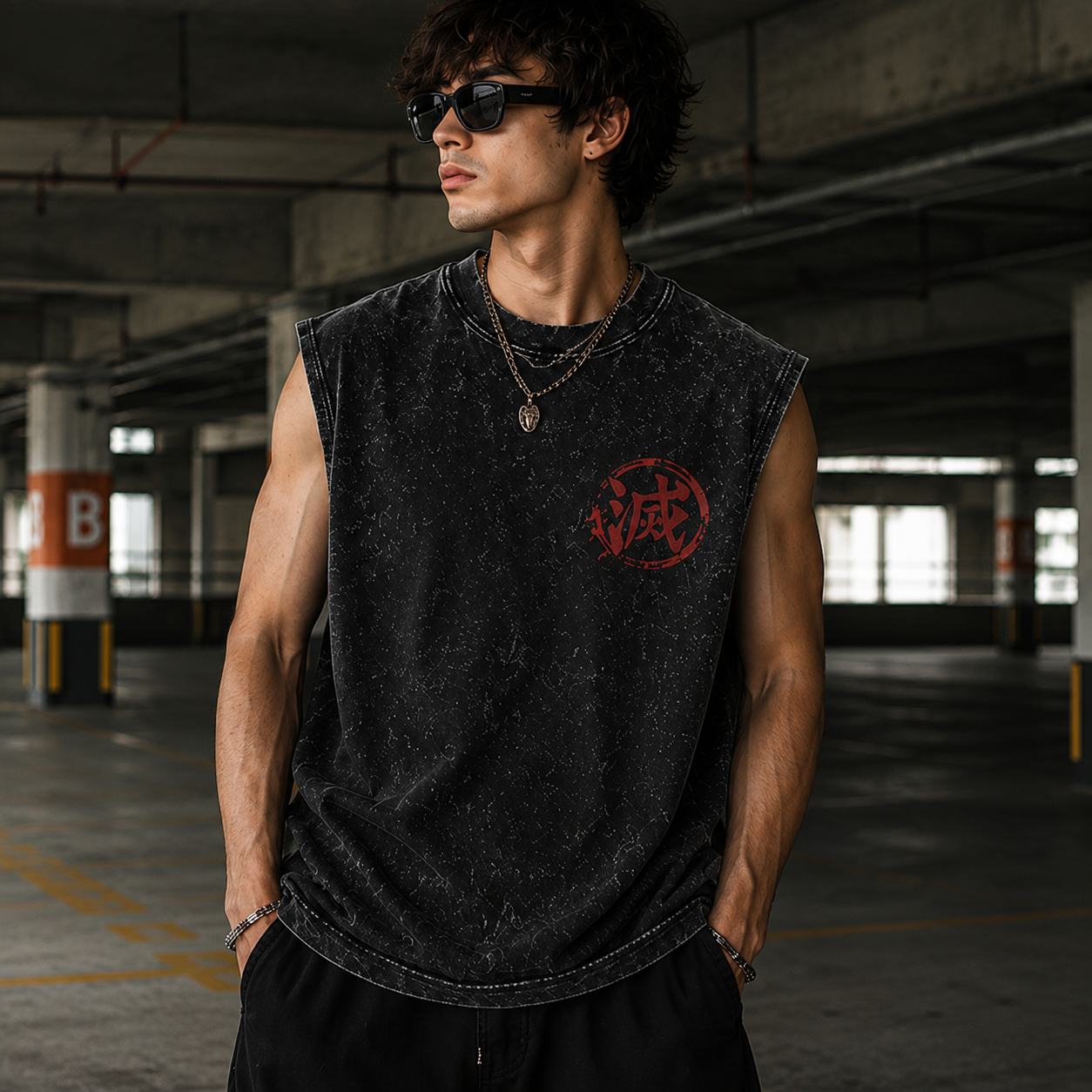 Washed black tank top with Demon Slayer Corps Assemble graphic – photo 4