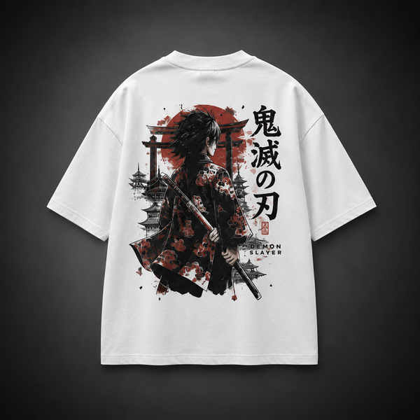 White t-shirt with Demon Slayer Crimson Sun Ronin graphic – photo 1