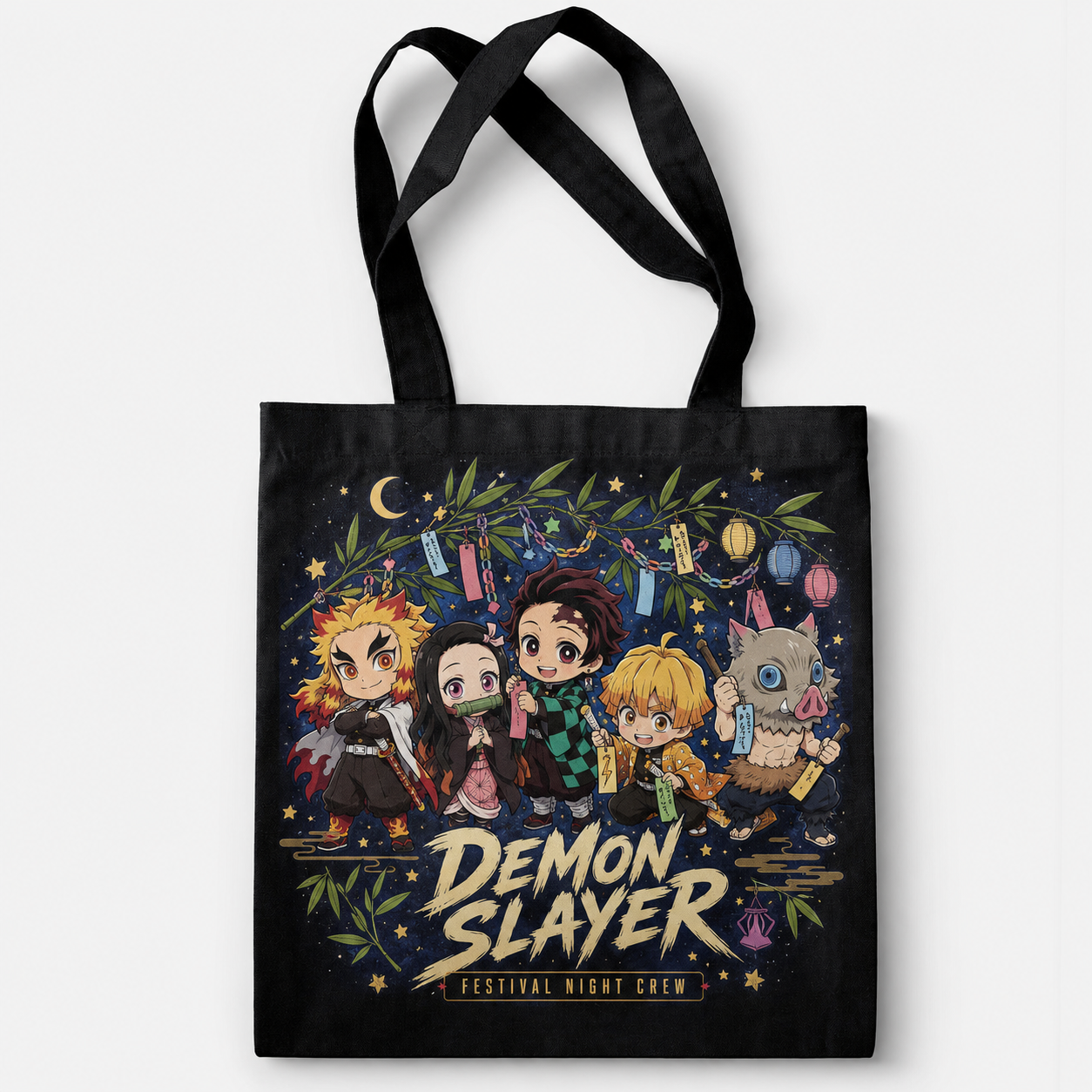 Black tote bag with Demon Slayer Festival Night Crew graphic – photo 1