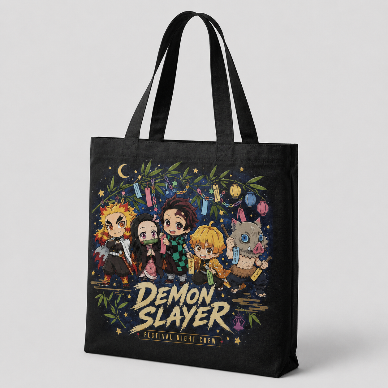 Black tote bag with Demon Slayer Festival Night Crew graphic – photo 2