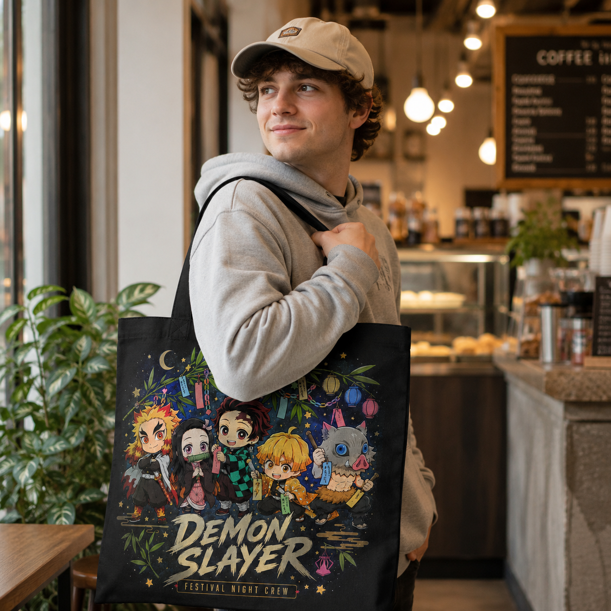 Black tote bag with Demon Slayer Festival Night Crew graphic – photo 4