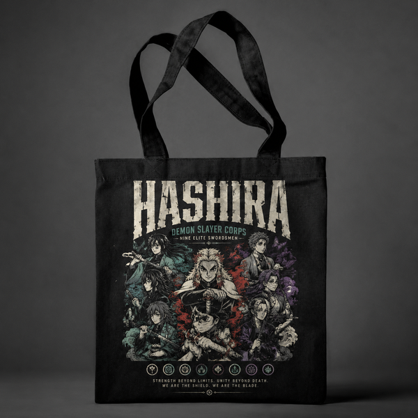Black tote bag with Demon Slayer Hashira Corps Lineup graphic – photo 1
