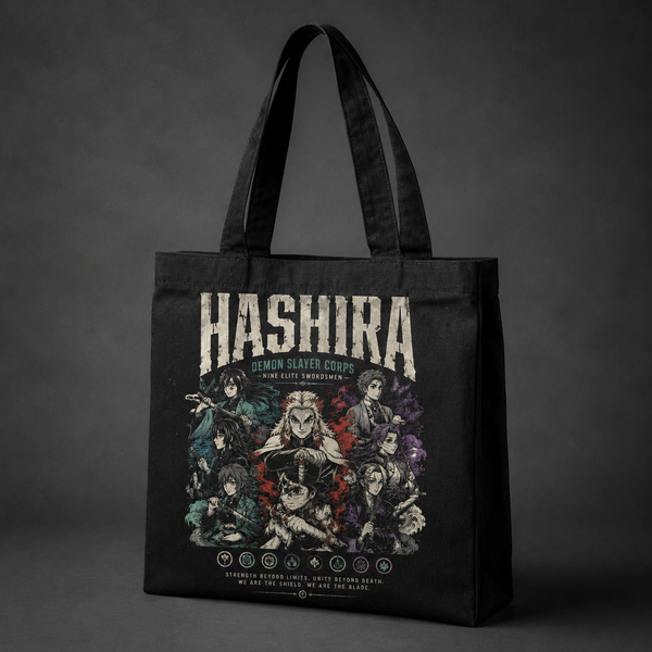 Black tote bag with Demon Slayer Hashira Corps Lineup graphic – photo 2