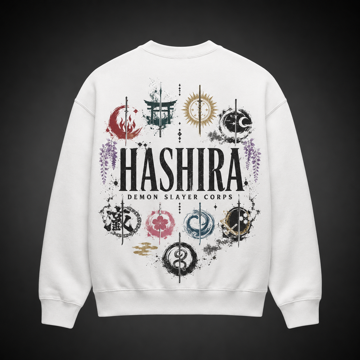 White sweatshirt with Demon Slayer Hashira Emblems Circle graphic – photo 1
