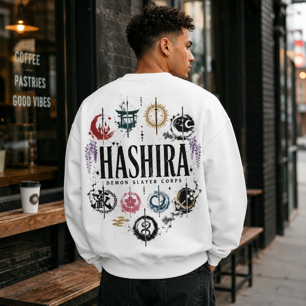 White sweatshirt with Demon Slayer Hashira Emblems Circle graphic – photo 3