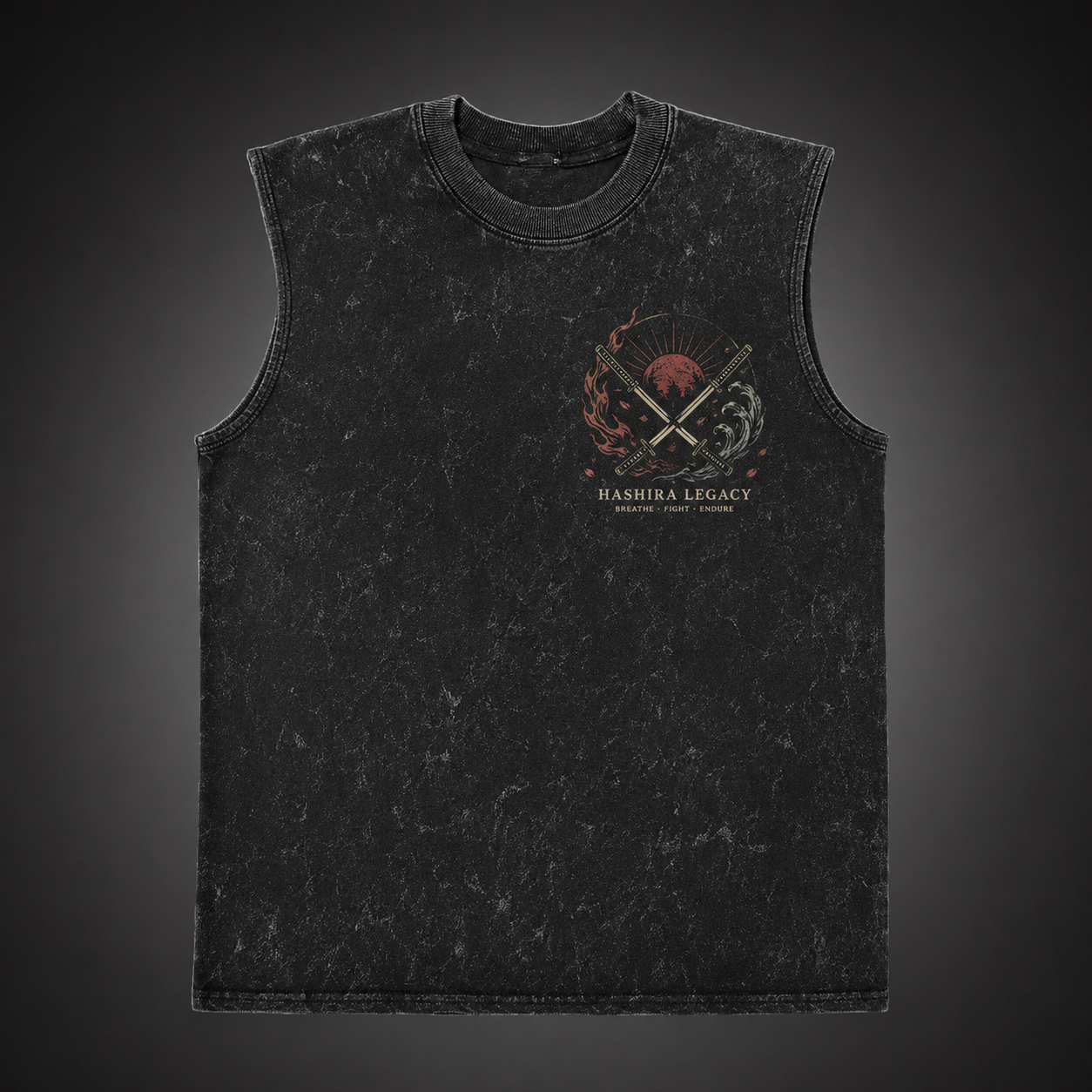Washed black tank top with Demon Slayer Hashira Legacy Emblem graphic – photo 1