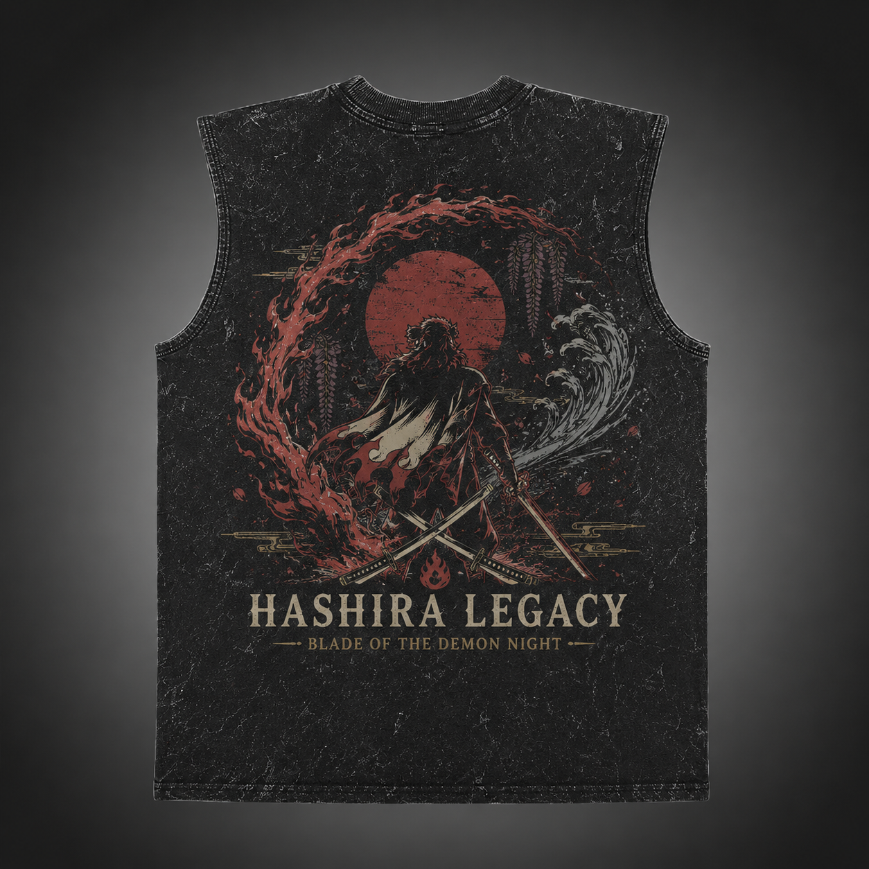 Washed black tank top with Demon Slayer Hashira Legacy Emblem graphic – photo 2