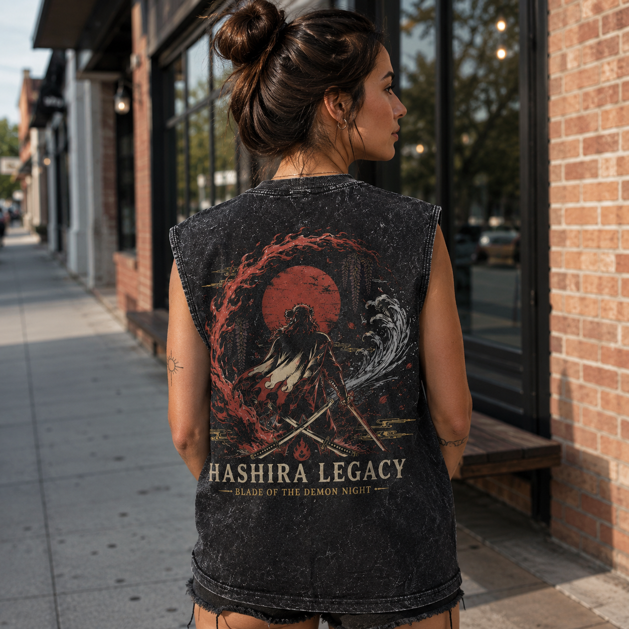 Washed black tank top with Demon Slayer Hashira Legacy Emblem graphic – photo 3