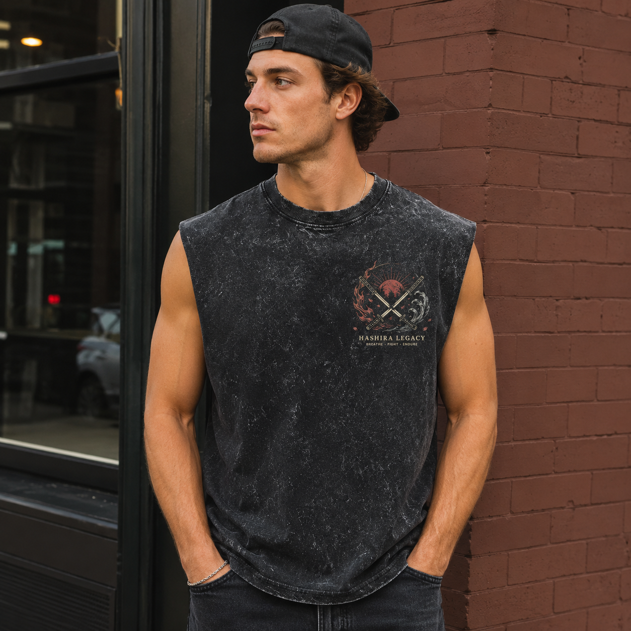 Washed black tank top with Demon Slayer Hashira Legacy Emblem graphic – photo 4