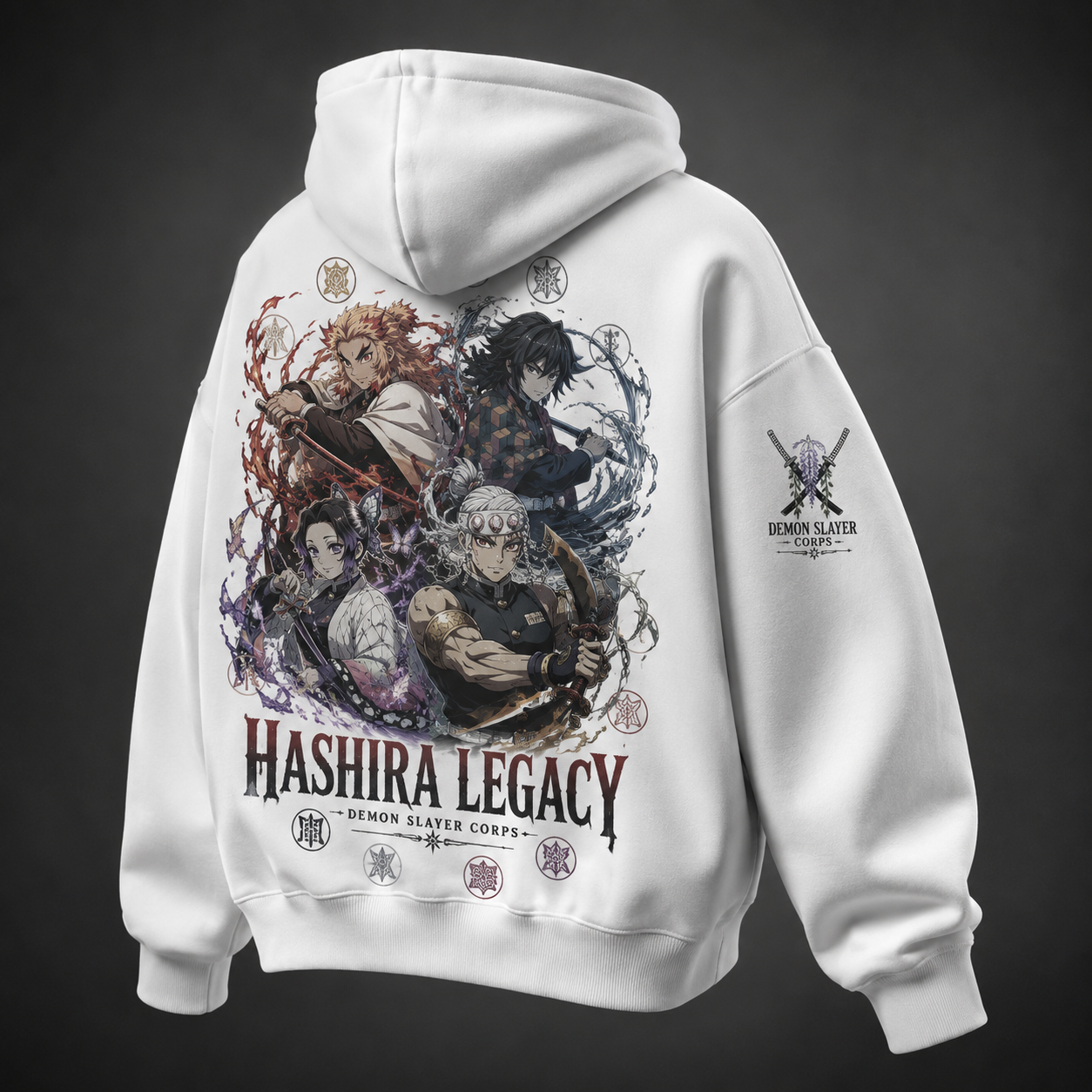 White hoodie with Demon Slayer Hashira Legacy graphic – photo 1