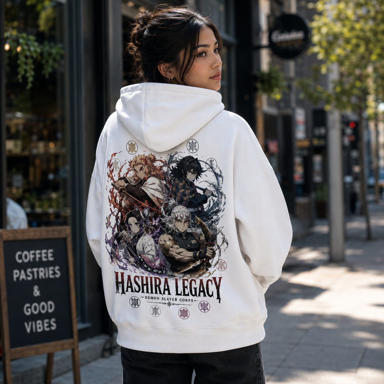 White hoodie with Demon Slayer Hashira Legacy graphic – photo 5