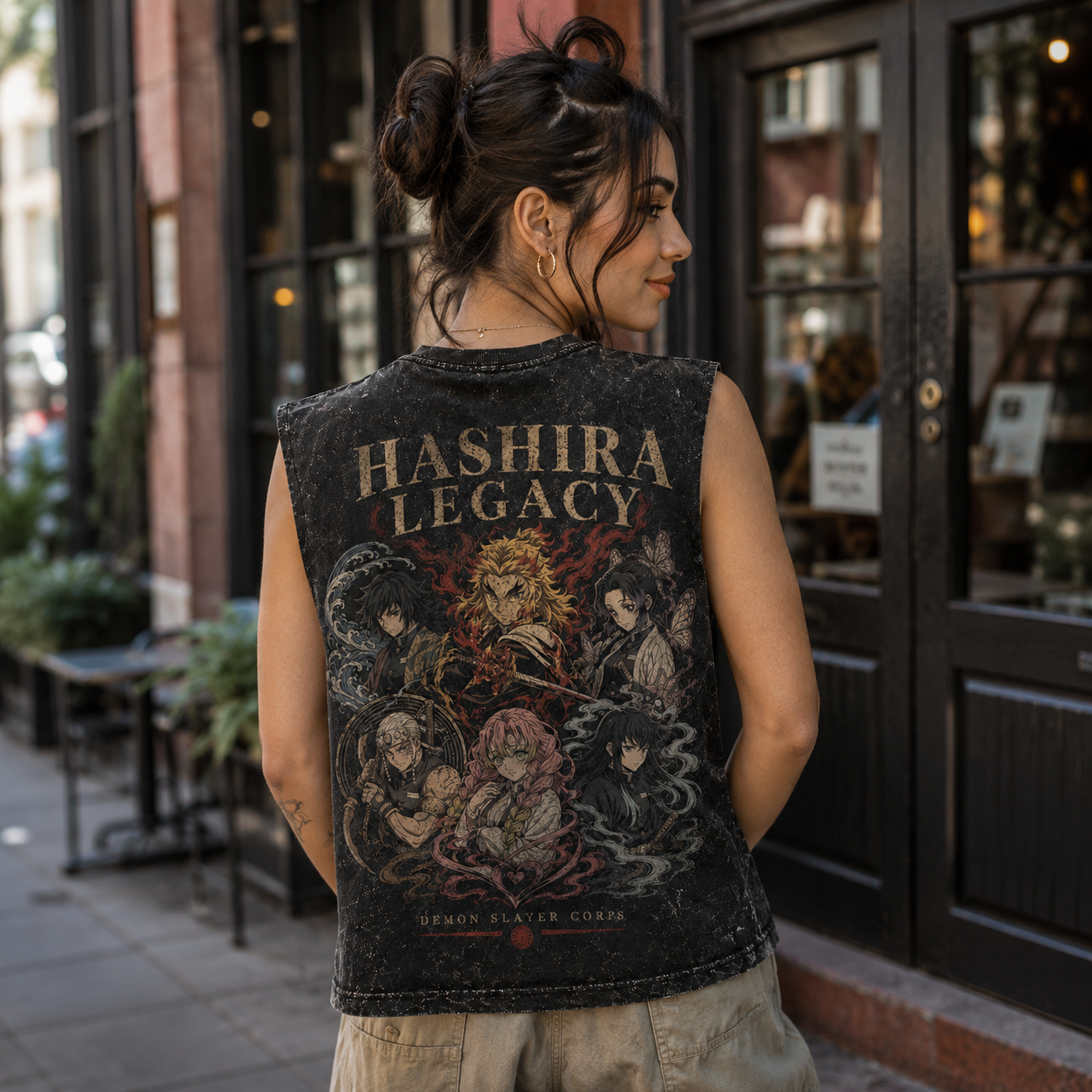 Washed black tank top with Demon Slayer Hashira Legacy graphic – photo 3