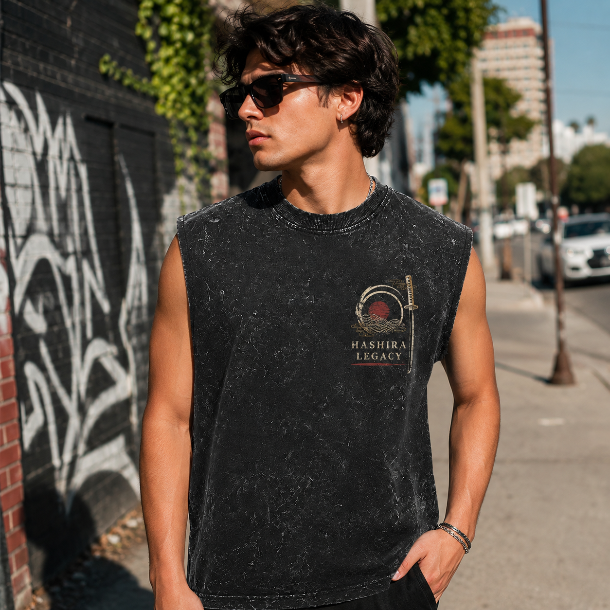 Washed black tank top with Demon Slayer Hashira Legacy graphic – photo 4
