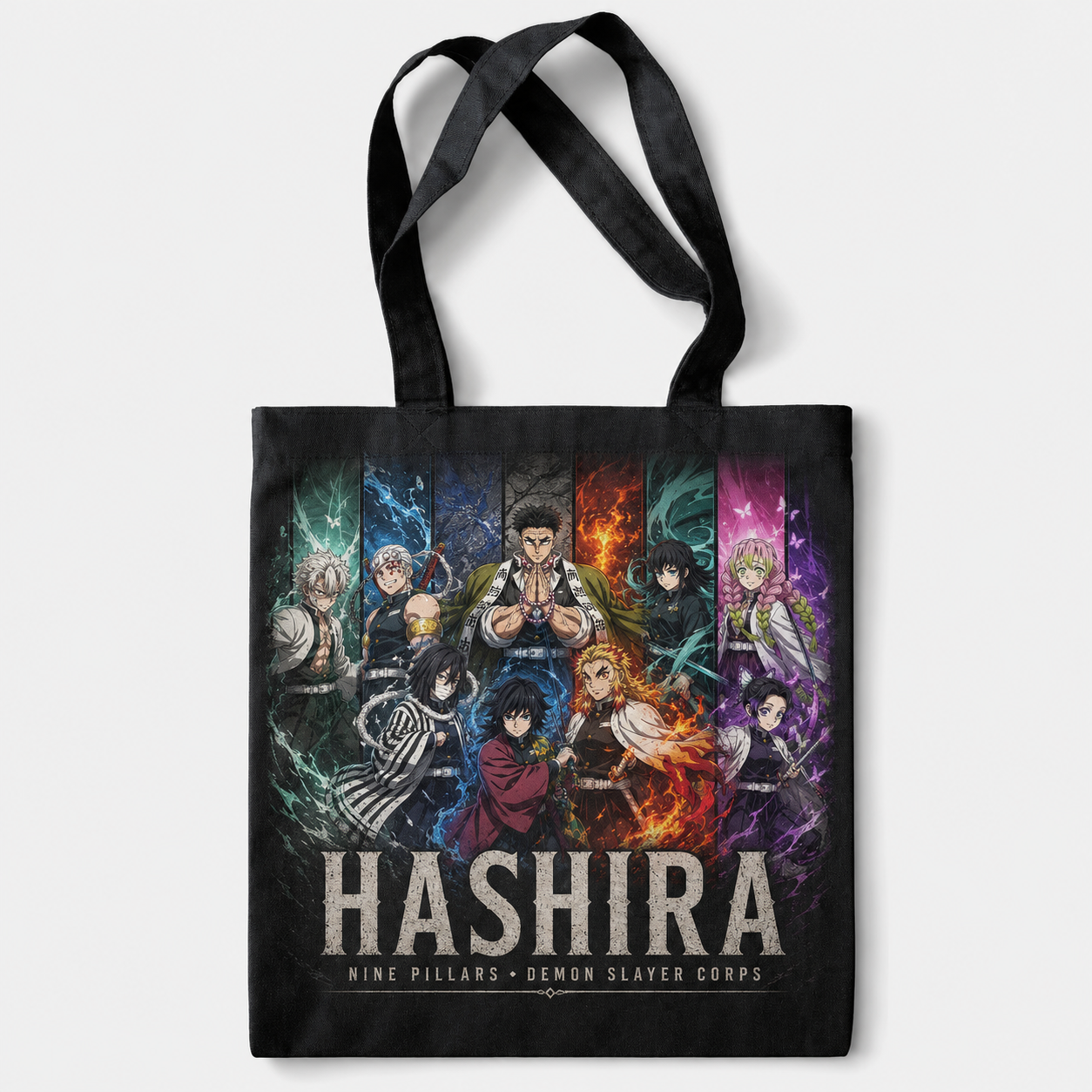 Black tote bag with Demon Slayer Hashira Panels graphic – photo 1