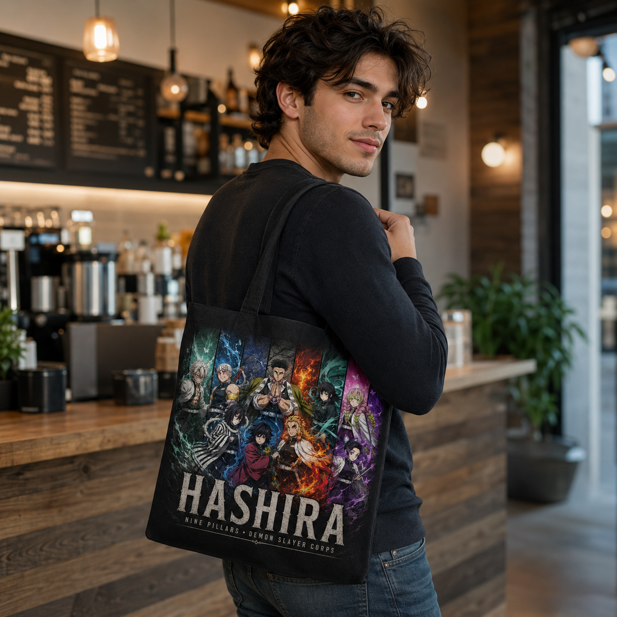 Black tote bag with Demon Slayer Hashira Panels graphic – photo 4