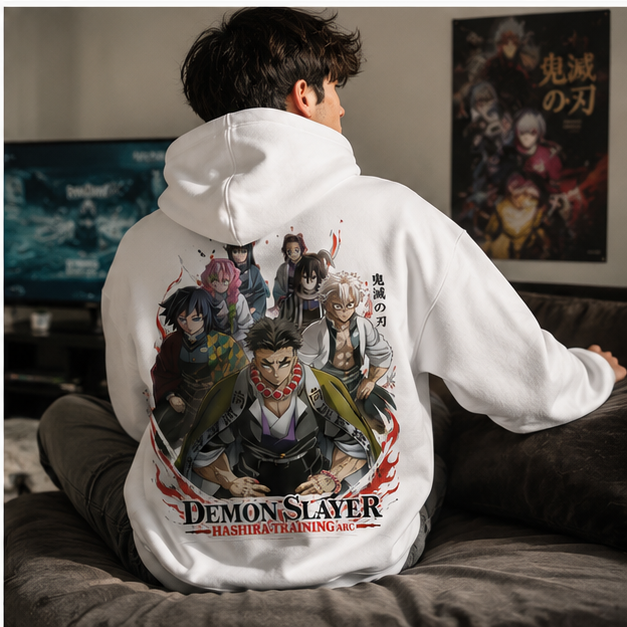 White hoodie with Demon Slayer Hashira Training graphic – photo 3