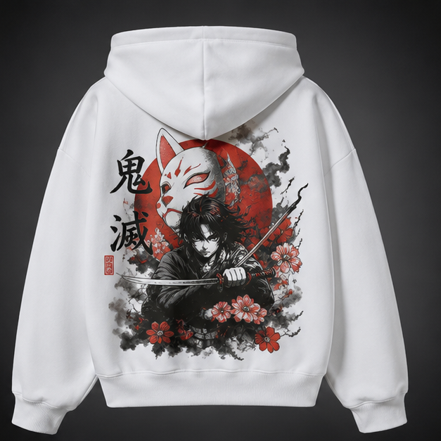 White hoodie with Demon Slayer Kitsune Mask Slayer graphic – photo 1