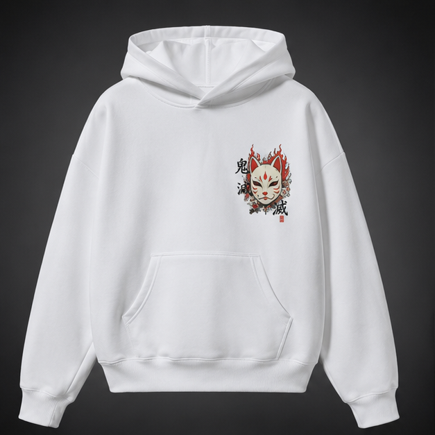 White hoodie with Demon Slayer Kitsune Mask Slayer graphic – photo 2
